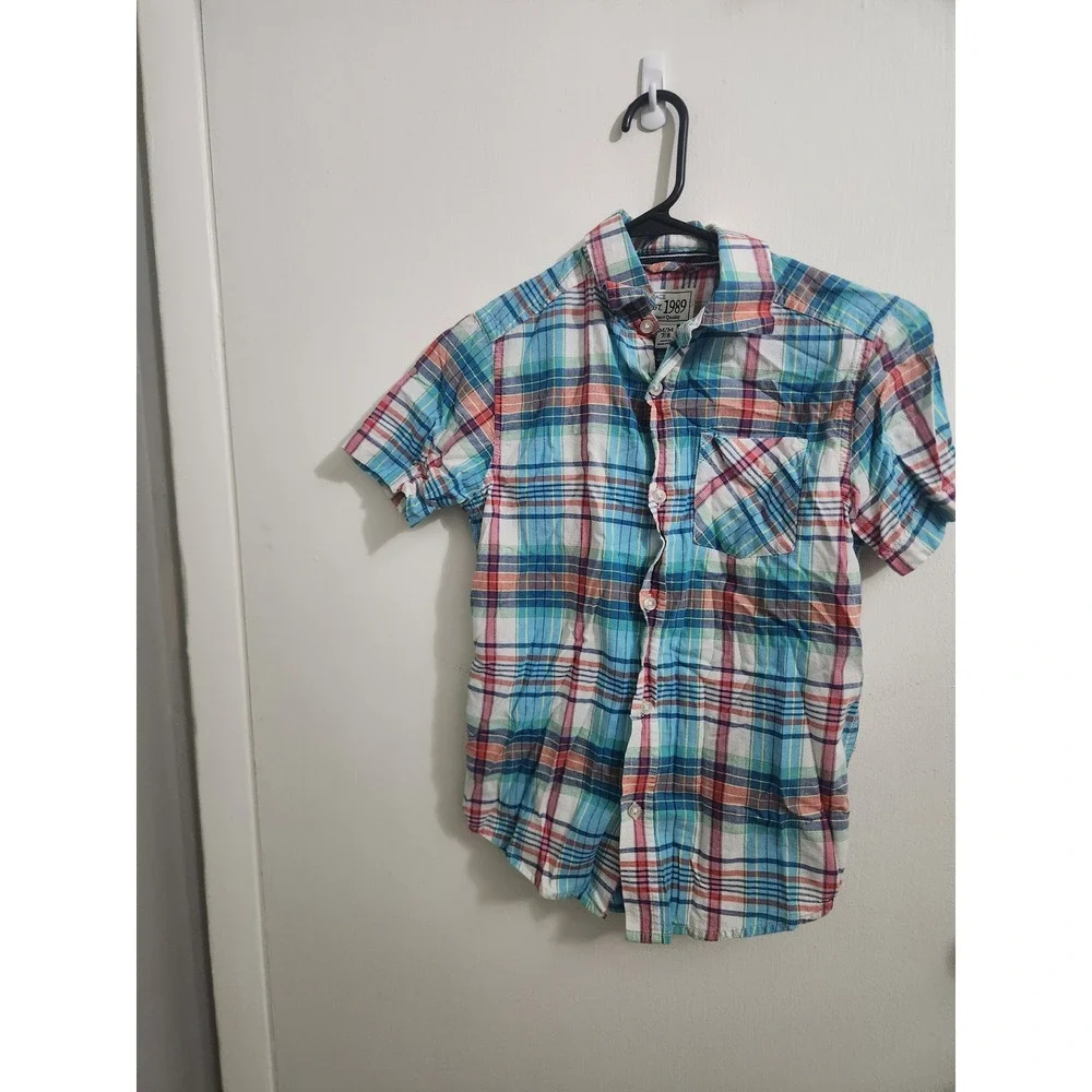 The Children's Place Boys Blue Plaid Short Sleeve Button Down Shirt Size M 7/8